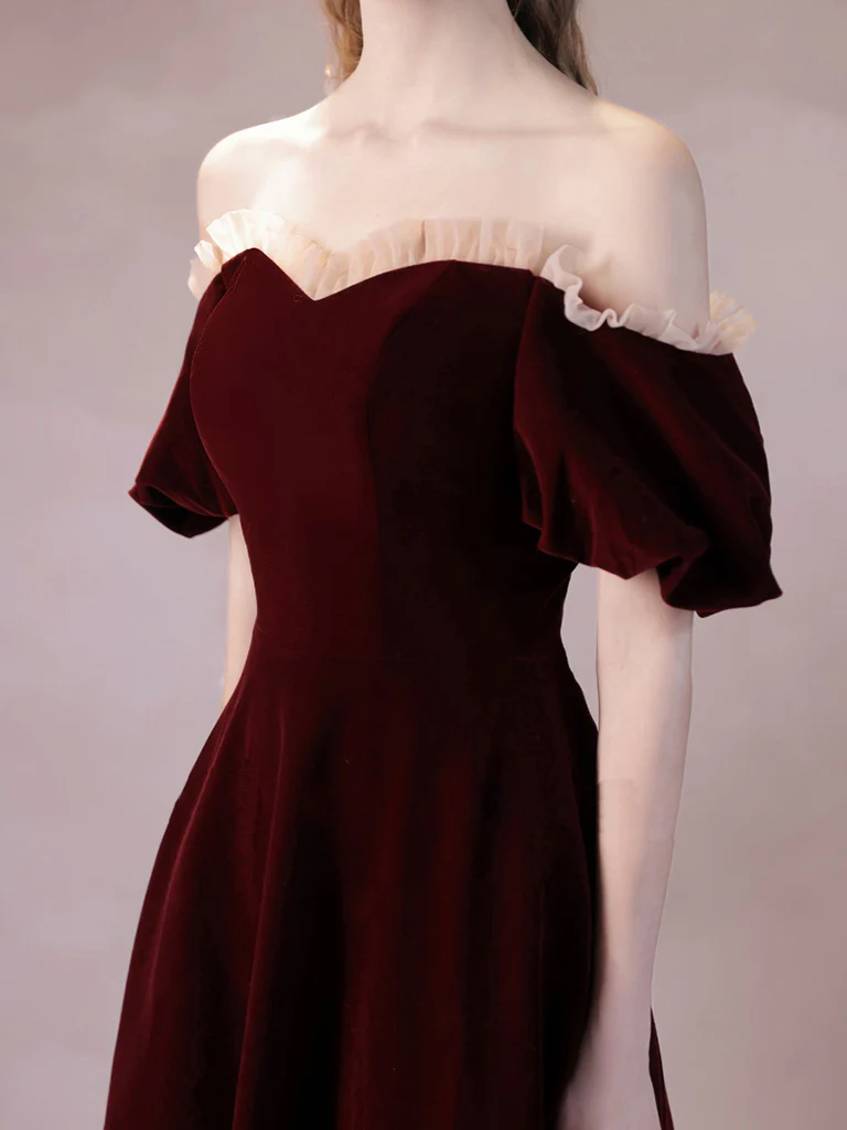 A-Line Burgundy Velvet Long Prom Dress, Burgundy Formal Dress - Deanwangkt