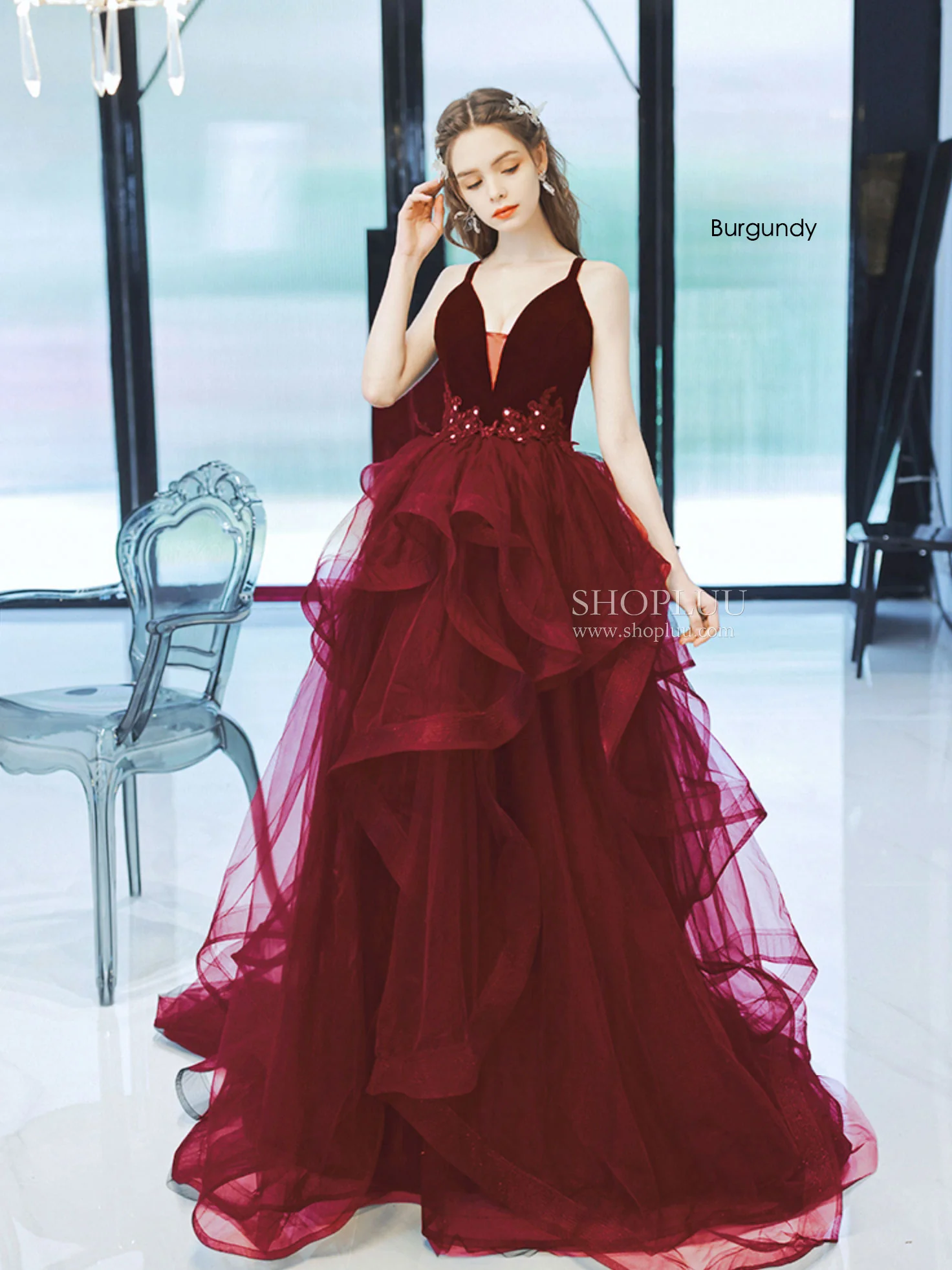 Black V Neck Tulle Long Prom Dress, Black Tulle Formal Graduation Dresses - Deanwangkt