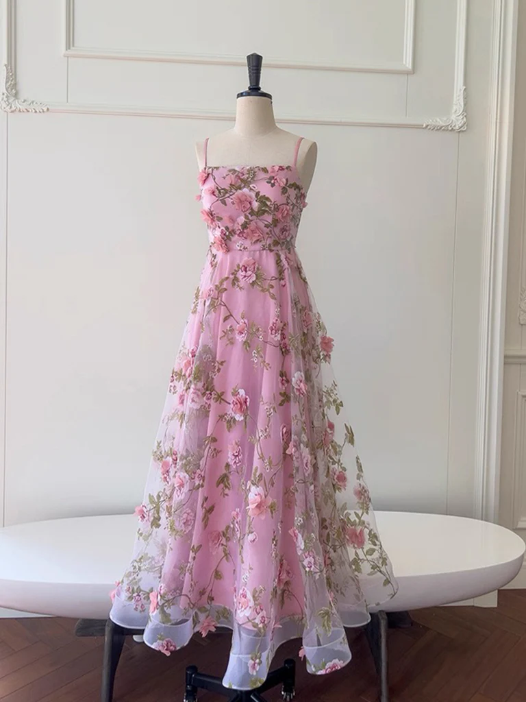 Simple A-Line Tulle 3D Flower Blue Long Prom Dress, Blue Party Dress - Deanwangkt