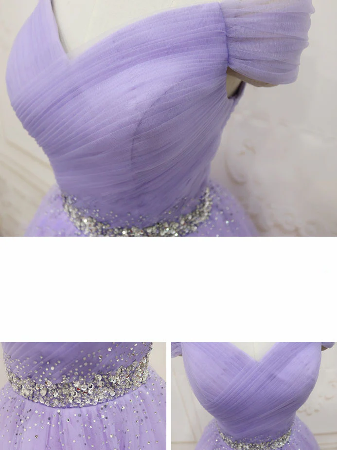 Purple Off Shoulder Tulle Sequin Prom Dress Purple Puffy Homecoming Dress - Deanwangkt