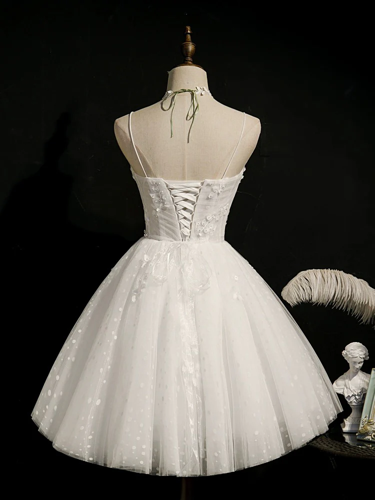 White Sweetheart Neck Tulle Lace Short Prom Dress, White Homecoming Dress - Deanwangkt