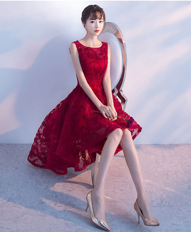 Burgundy High Low Short Prom Dress, Homecoming Dress - Deanwangkt