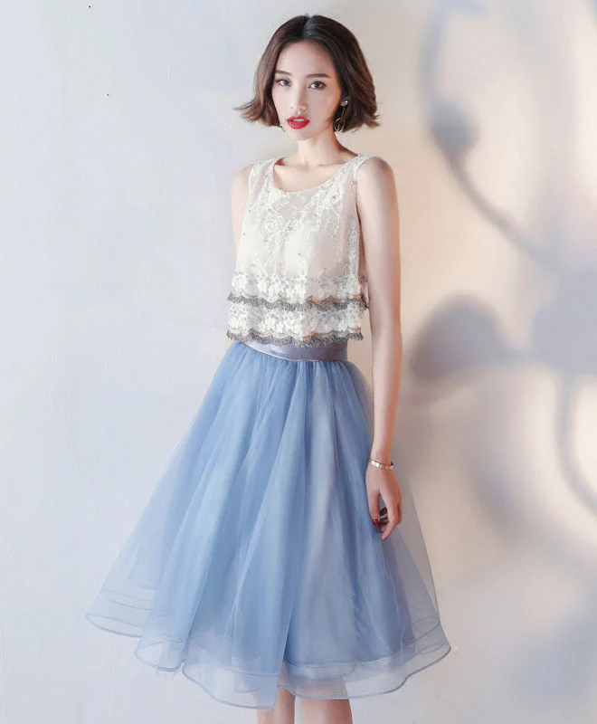 Blue Lace Tulle Knee Length Prom Dress, Blue Lace Homecoming Dress - Deanwangkt