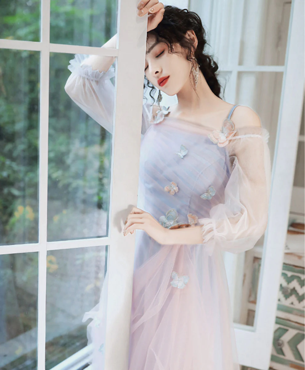 Elegant Pink Blue Tulle Long Prom Dress Pink Blue Formal Dress - Deanwangkt