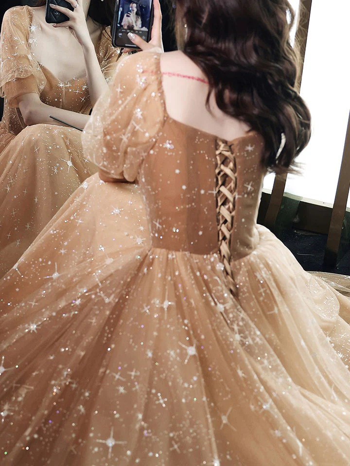 Champagne Sweetheart Tulle Lace Long Prom Dress Lace Evening Dress - Deanwangkt