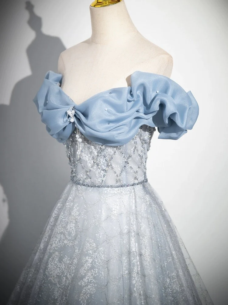A-Line Off Shoulder Tulle Lace Beads Blue Long Prom Dress, Blue Long Formal Dress - Deanwangkt