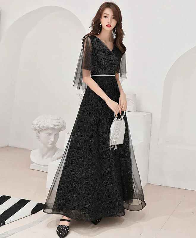 Black Tulle Long Prom Dress, Black Tulle Evening Dress - Deanwangkt