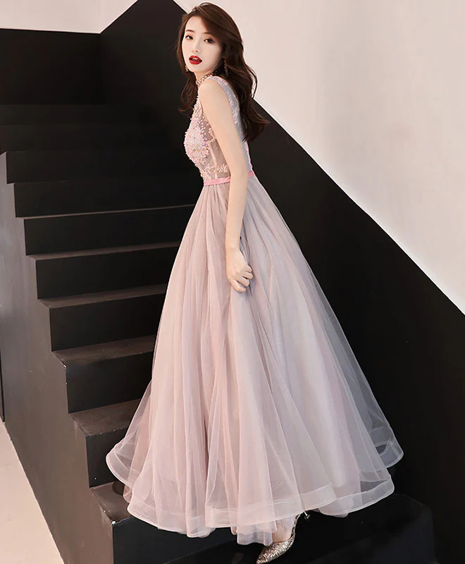 Dusty Pink V Neck Sequins Long Prom Dress, Evening Dress - Deanwangkt