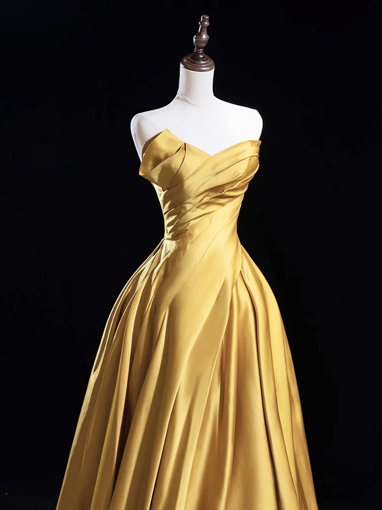 A-Line V Neck Satin Gold Long Prom Dress, Gold Long Formal Dress - Deanwangkt