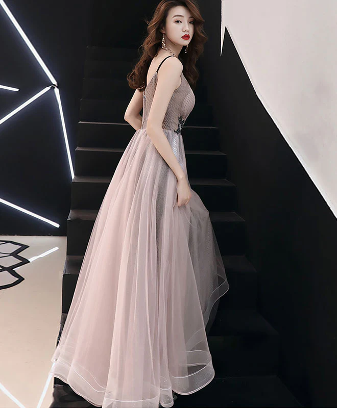 Champagne V Neck Tulle Long Prom Dress, Evening Dress - Deanwangkt