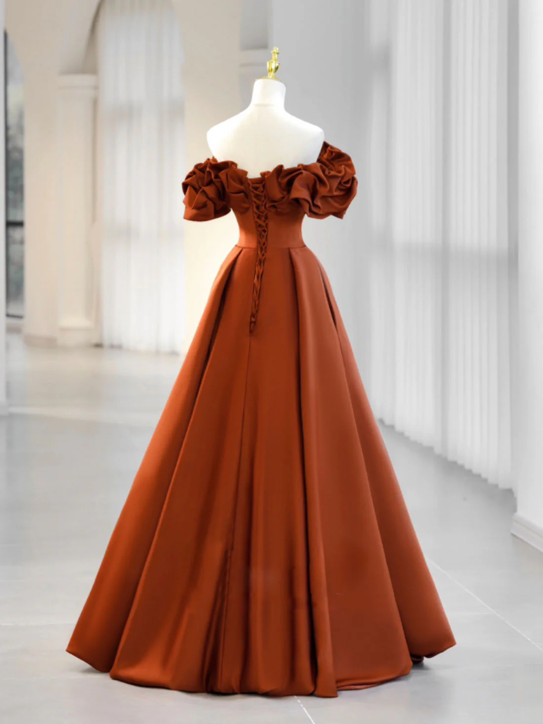 A-Line Off Shoulder Satin Orange Long Prom Dress, Orange Formal Evening Dress - Deanwangkt