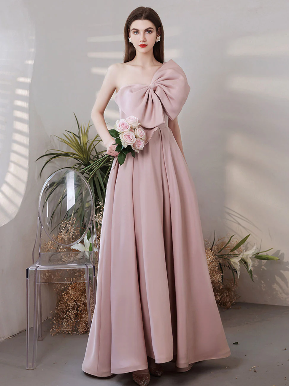 A Line Pink Long Prom Dress, Pink Formal Bridesmaid Party Dresses - Deanwangkt