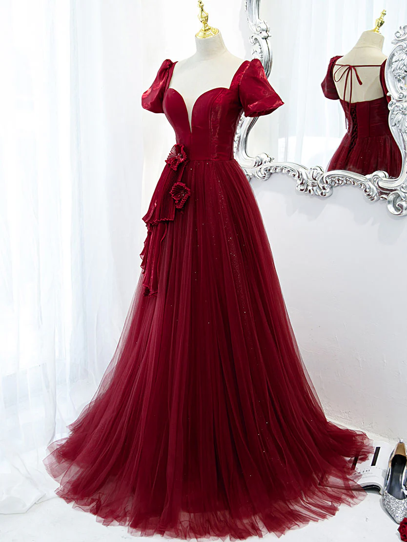 Burgundy Tulle Long Prom Dress, Burgundy Tulle Evening Dress - Deanwangkt