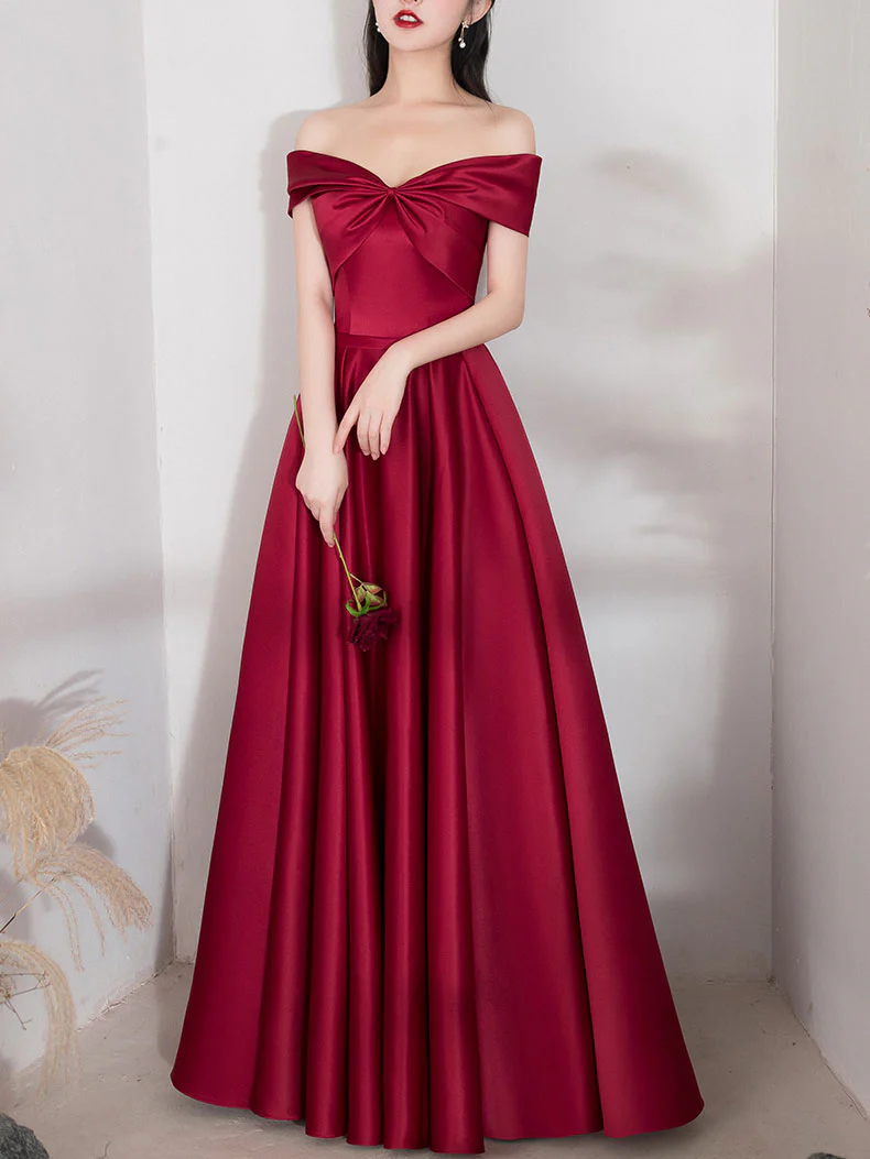 Simple A-line Dark Red Satin Long Prom Dress Red Bridesmaid Dress - Deanwangkt