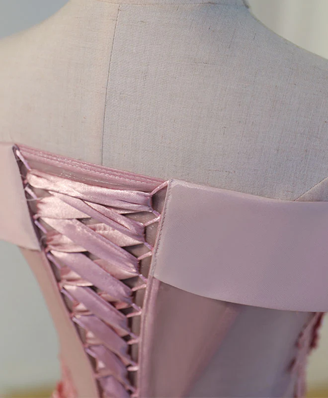 Pink A Line Off Shoulder Knee Length Prom Dress, Lace Homecoming Dresses - Deanwangkt