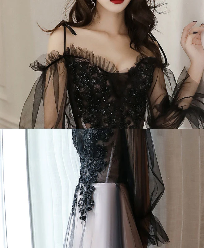 Black Tulle A Line Lace Long Prom Dress Tulle Lace Formal Dress - Deanwangkt