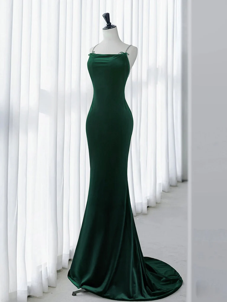 Green Mermaid Velvet Long Prom Dress, Green Long Evening Dress - Deanwangkt