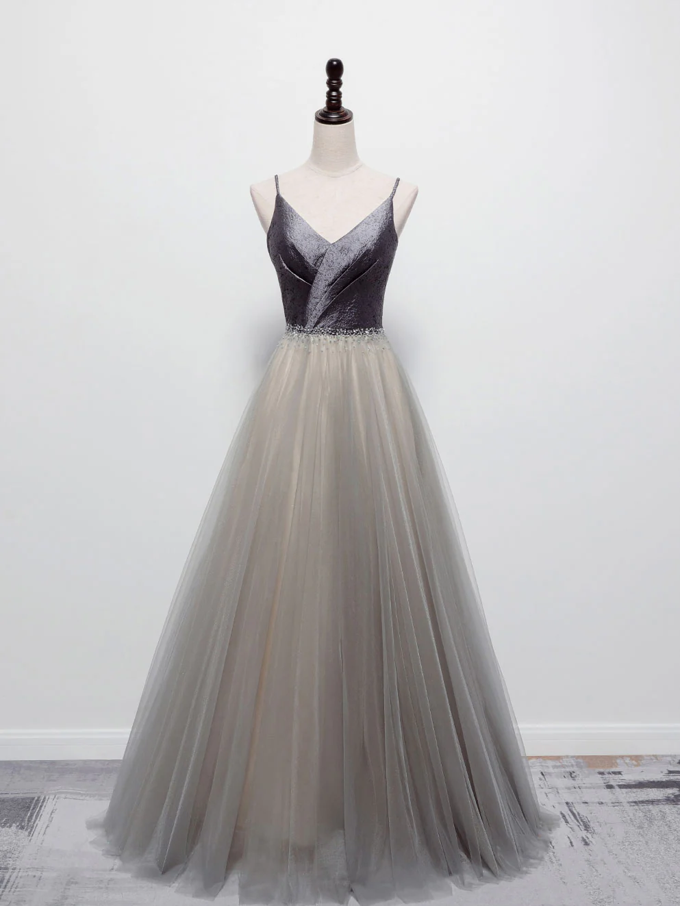 Simple Gray V Neck Tulle Long Prom Dress, Gray A line Gray Formal Dresses - Deanwangkt