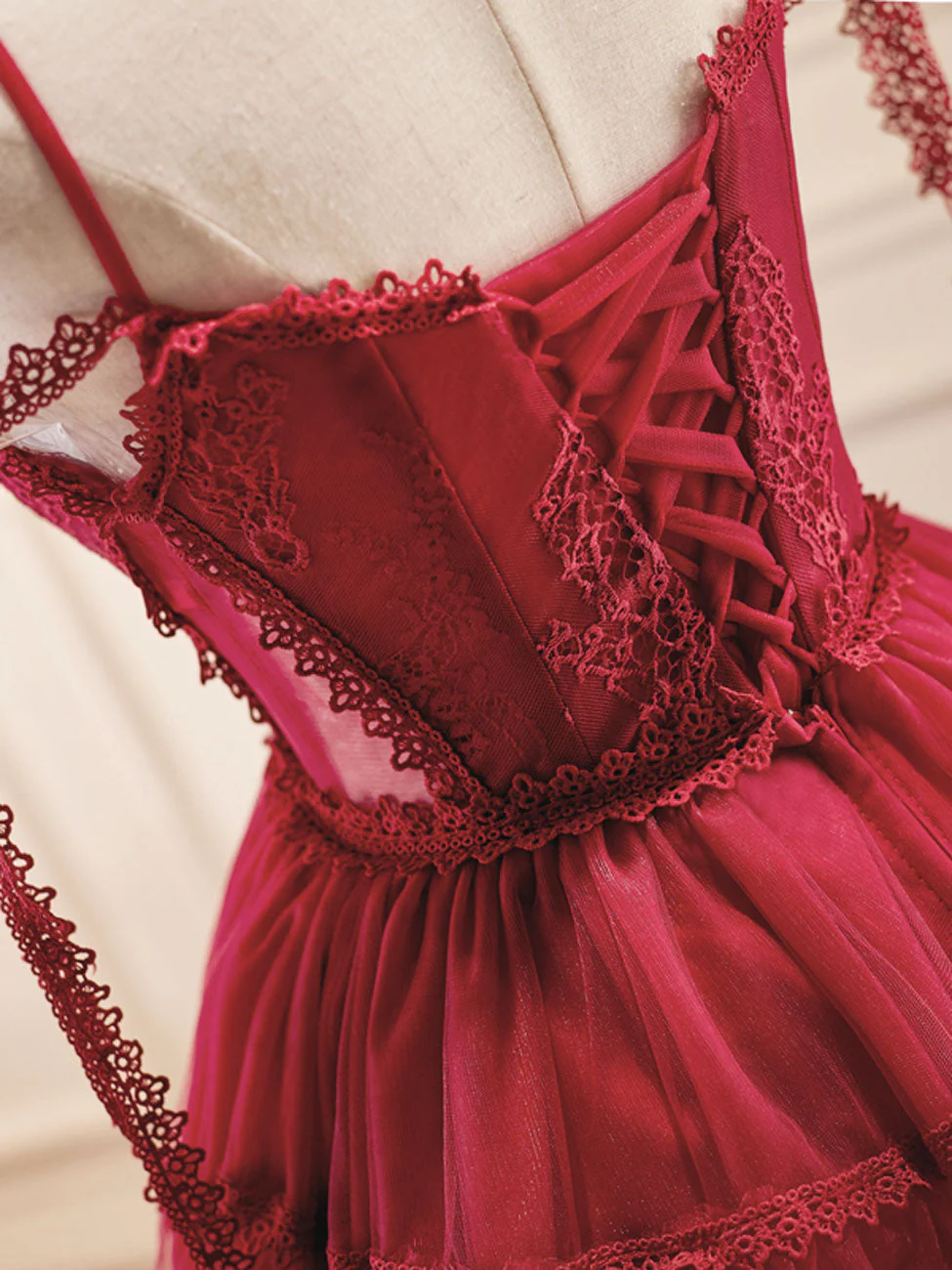 A-Line Burgundy Lace Short Prom Dress, Burgundy Puffy Homecoming Dresses - Deanwangkt