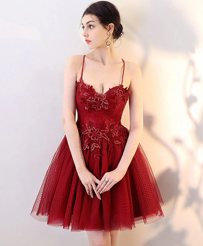 Burgundy Lace Tulle Short Prom Dress, Homecoming Dress - Deanwangkt