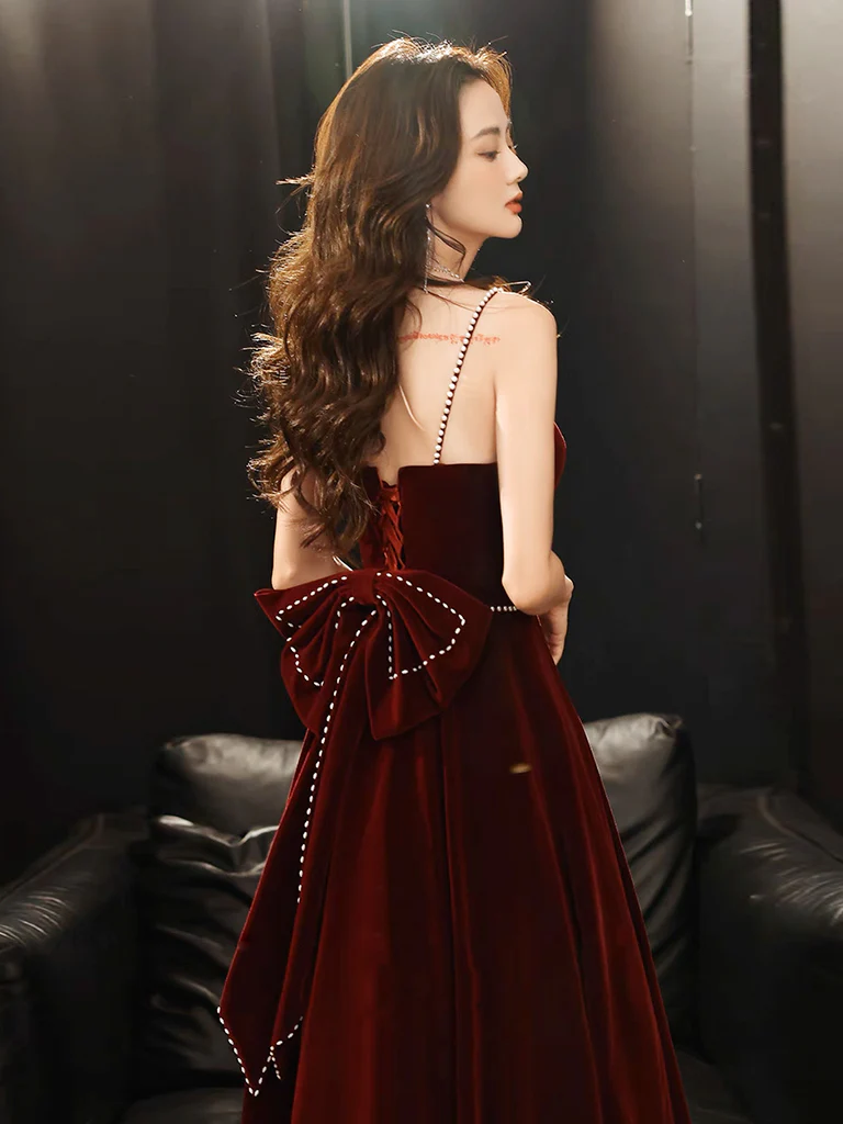 A-Line Velvet Burgundy Long Prom Dress, Burgundy Long Evening Dress - Deanwangkt