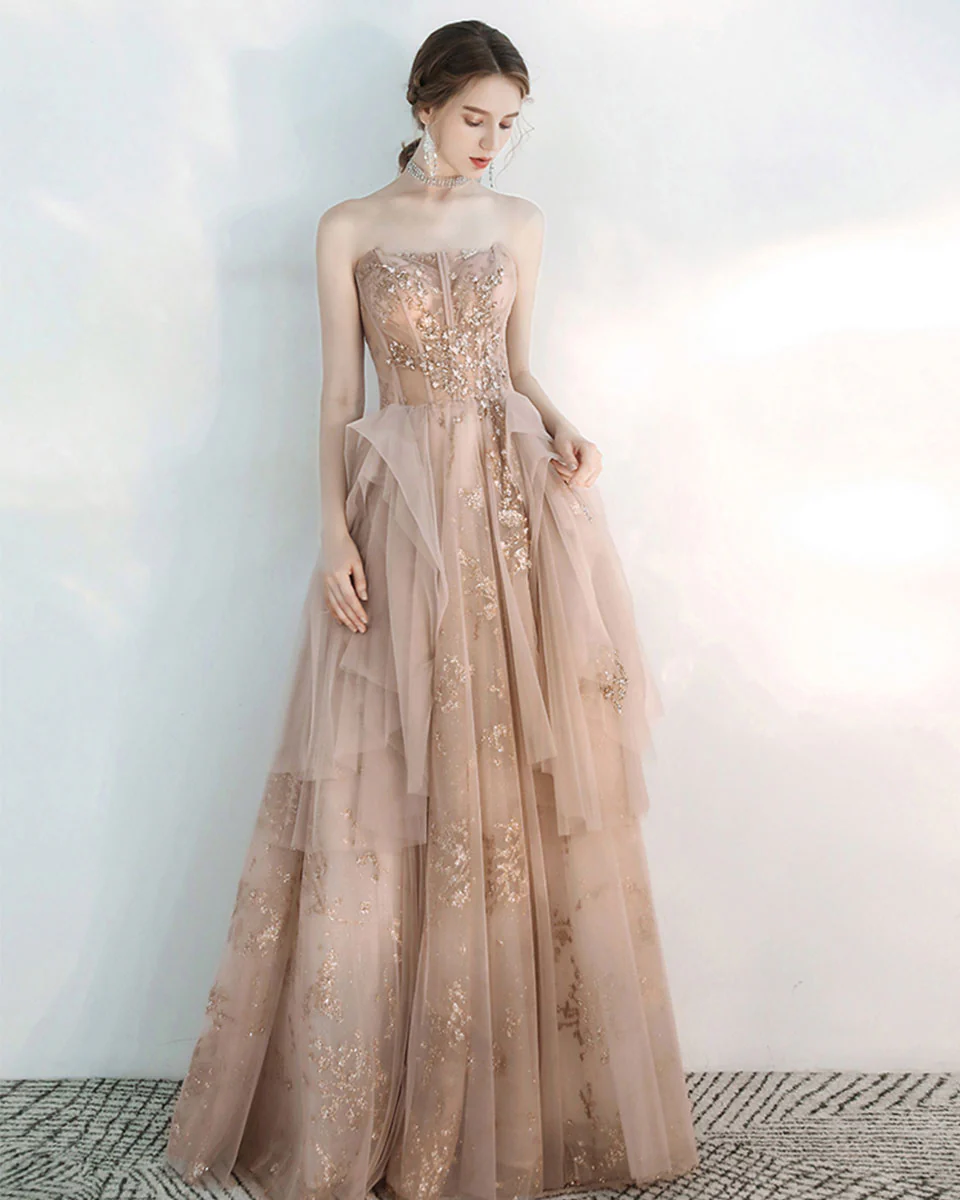 Champagne Sweetheart Tulle Lace Long Prom Dress, Sequin Formal Graduation Dress - Deanwangkt