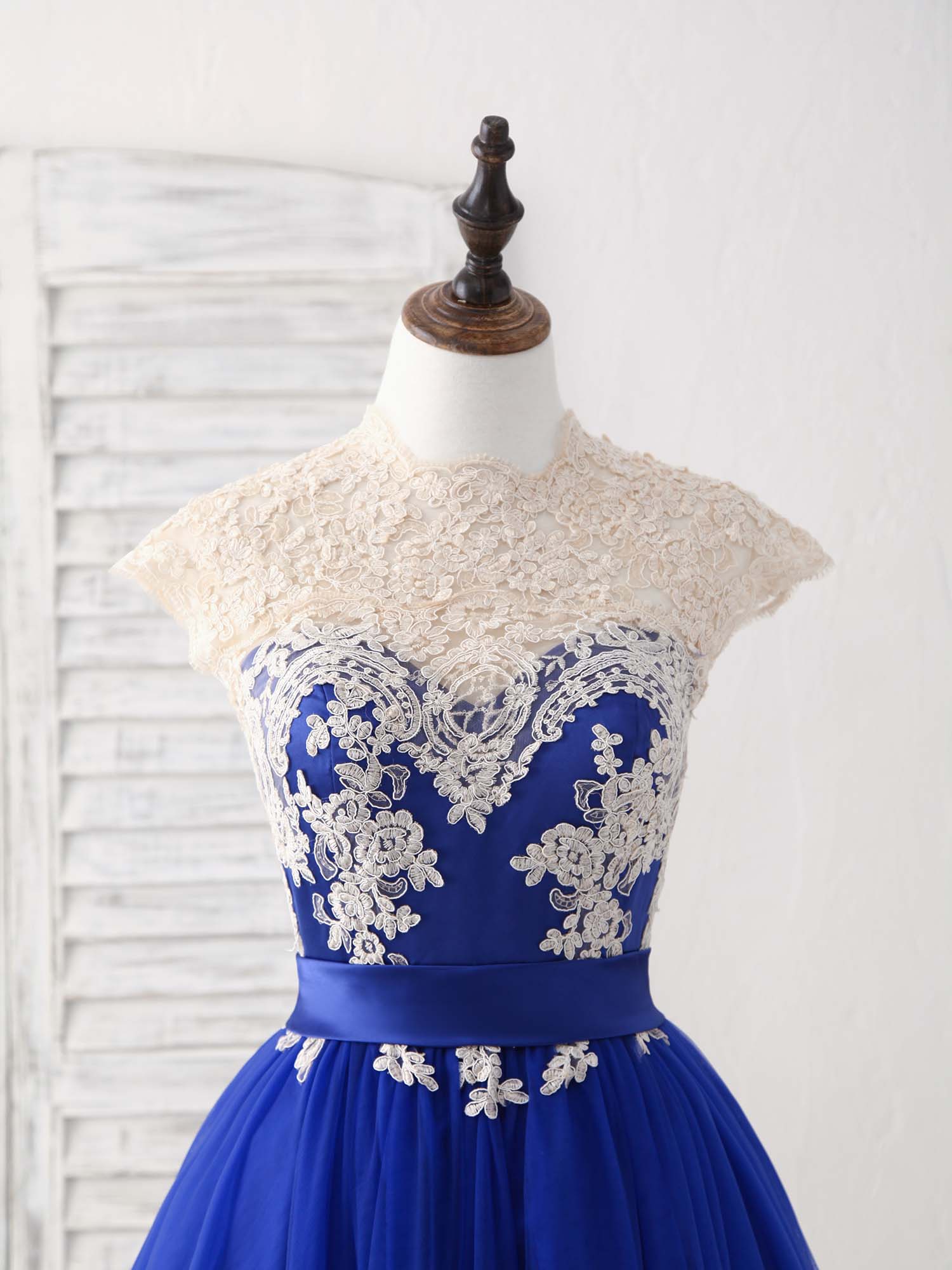 Unique Blue Tulle Lace Applique Short Prom Dress, Blue Bridesmaid Dress - Deanwangkt
