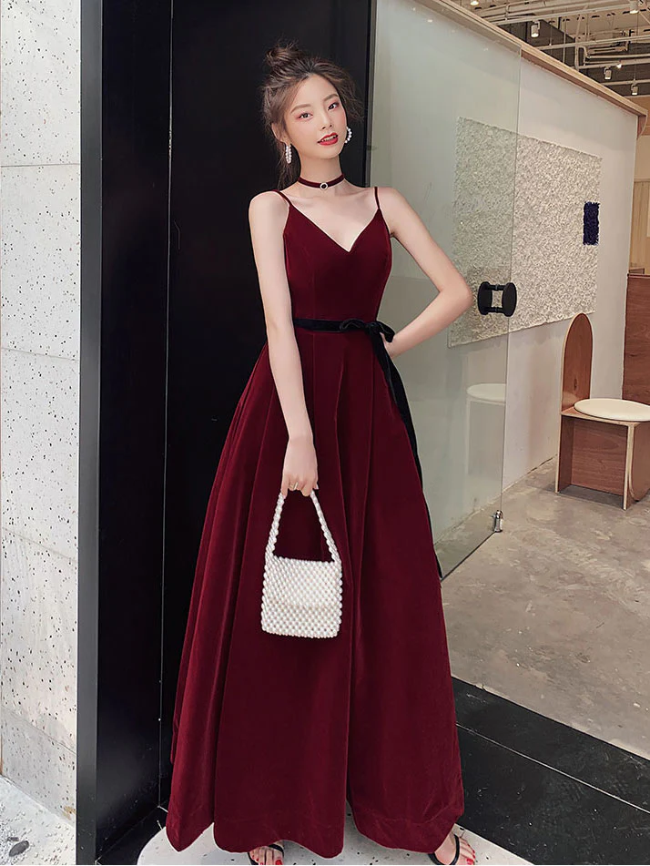 Simple Burgundy Velvet Long Prom Dresses, Burgundy Long Formal Graduation Dresses - Deanwangkt