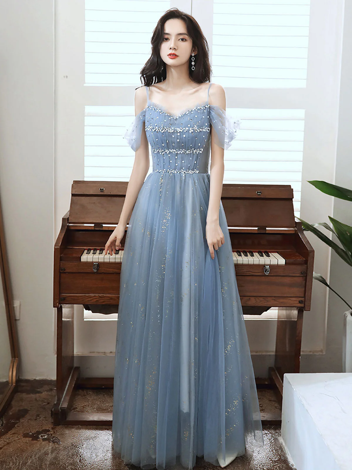 A line Off Shoulder Sequin Blue Long Prom Dress, Blue Long Party Evening Dresses - Deanwangkt