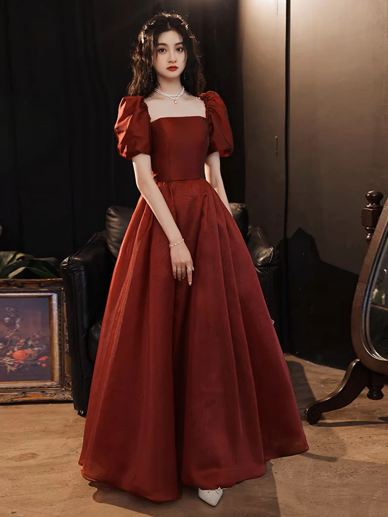 A-Line Puff Sleeves Organza Burgundy Long Prom Dress, Burgundy Long Evening Dress - Deanwangkt