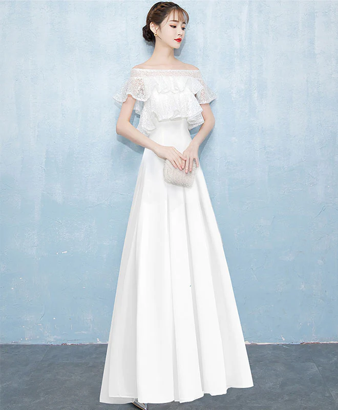 White A-Line Lace Satin Long Prom Dress, White Evening Dress - Deanwangkt