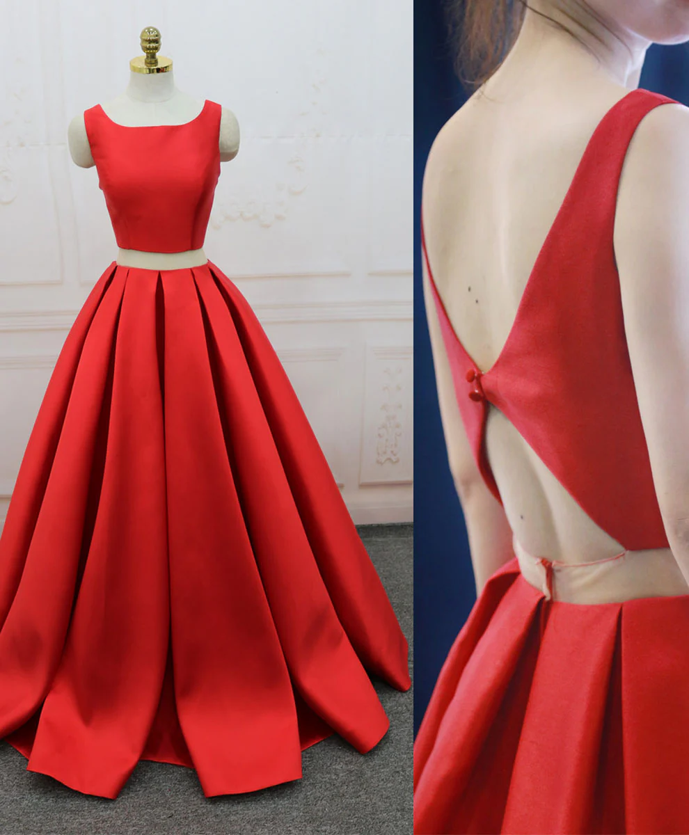 Red Satin Two Pieces Long Prom Dress Red Long Evening Dress - Deanwangkt