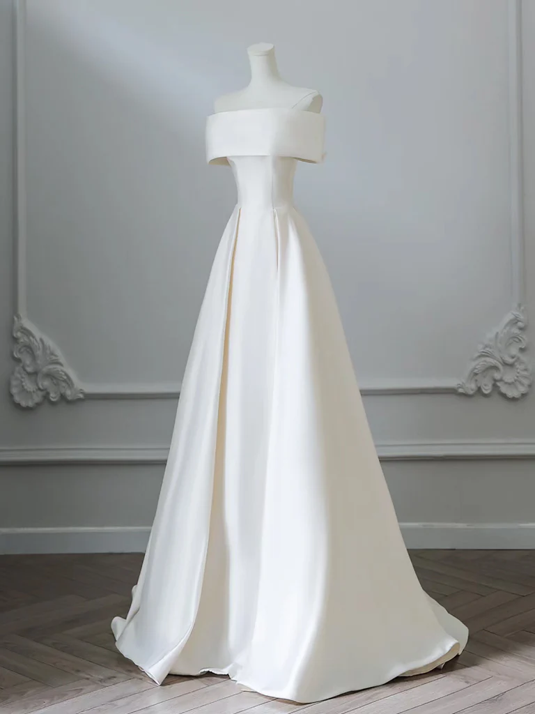 A-Line Off Shoulder Satin ivory Long Prom Dress, ivory Long Formal Dress - Deanwangkt