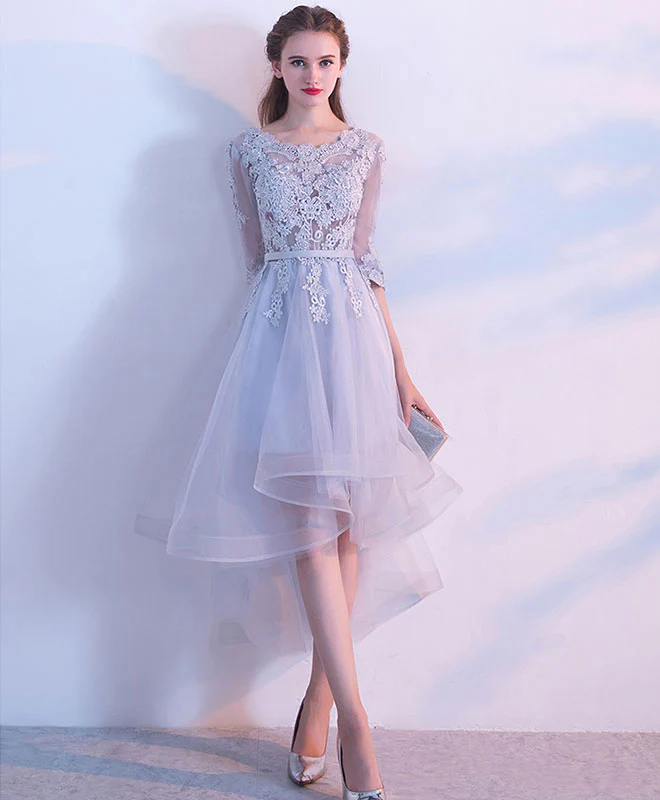 Gray Lace Tulle High Low Prom Dress, Gray Bridesmaid Dress - Deanwangkt