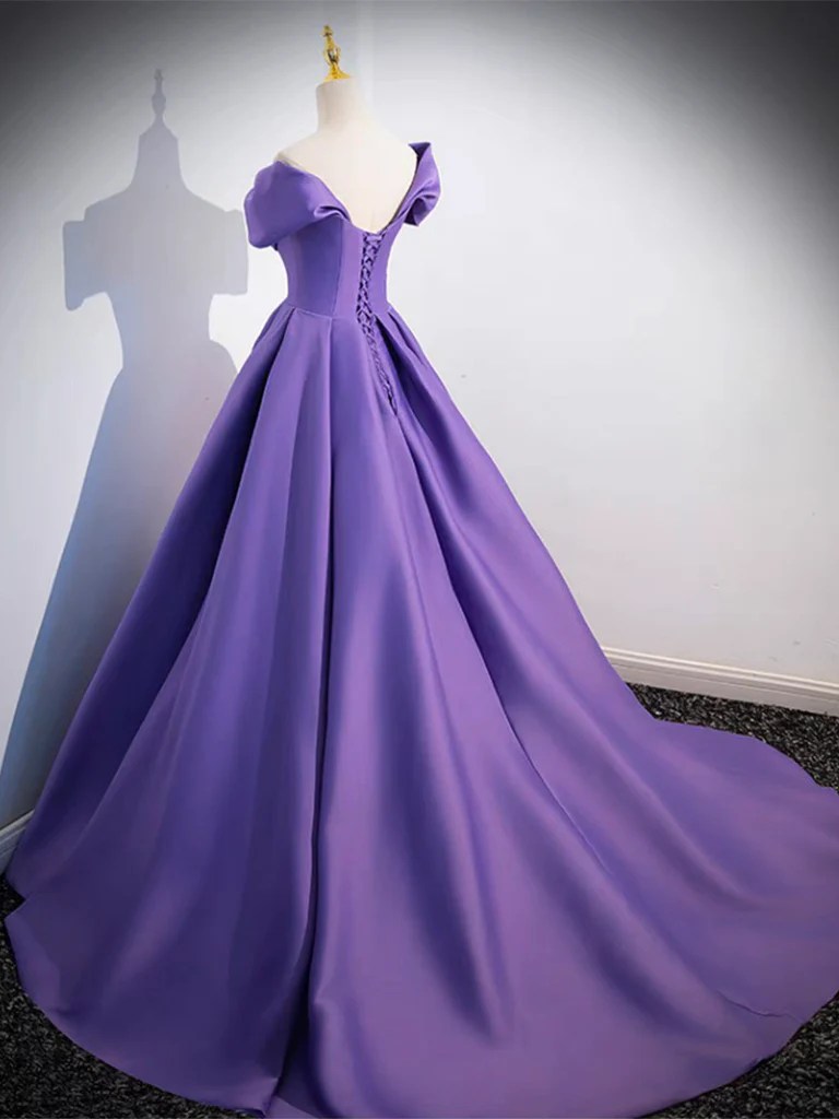 A-Line off Shoulder Satin Purple Long Prom Dress, Purple Long Evening Dress - Deanwangkt