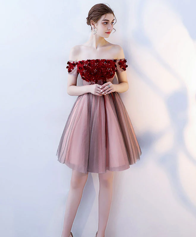 Burgundy Tulle Off Shoulder Short Prom Dress, Burgundy Homecoming Dress - Deanwangkt