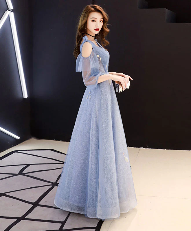 Blue V Neck Tulle Lace Long Prom Dress, Blue Evening Dress - Deanwangkt