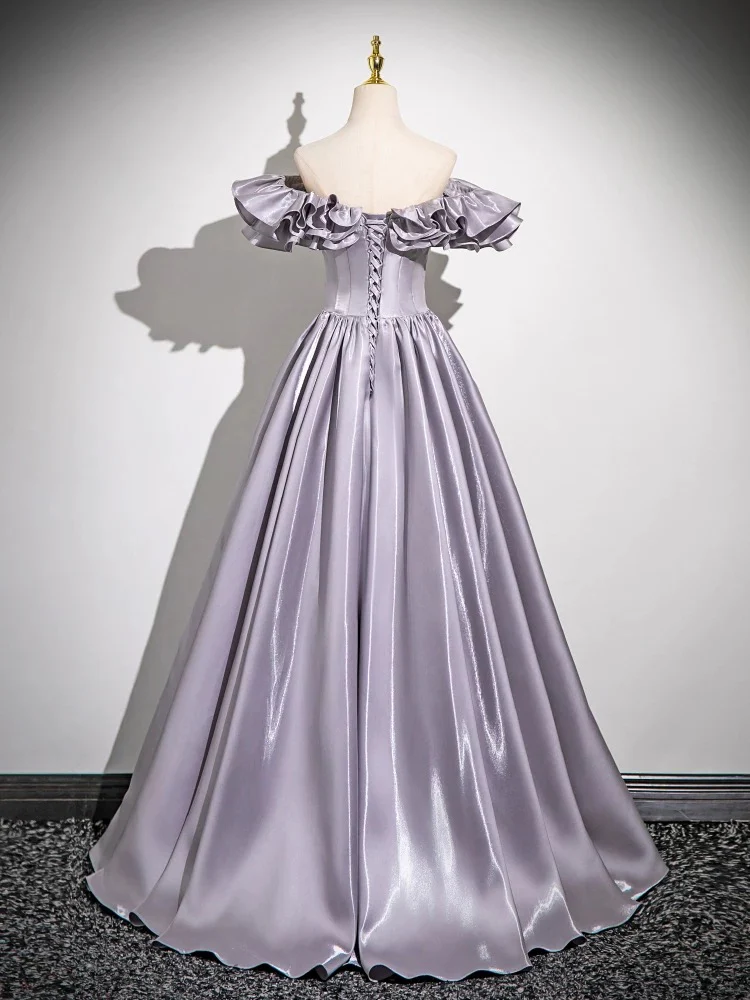 A-Line Off Shoulder Satin Gray Long Prom Dress, Gray Long Formal Dress - Deanwangkt
