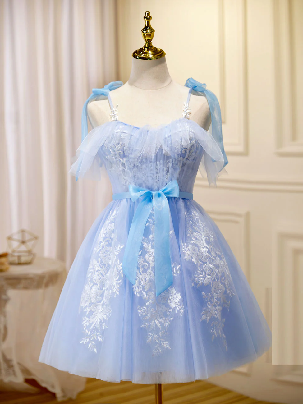 Blue Short Prom Dress, Puffy Cute Blue Homecoming Dress with Lace - Deanwangkt