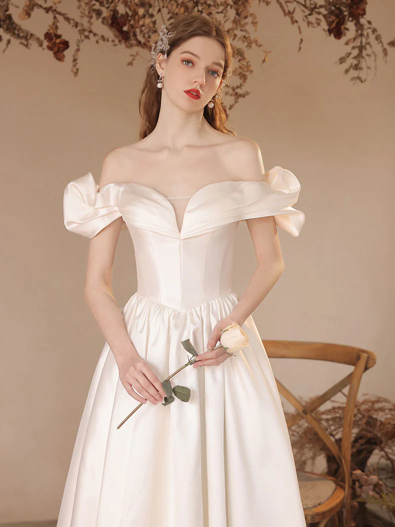 A-Line Off Shoulder Satin Beige Long Prom Dress, Beige Formal Evening Dress - Deanwangkt