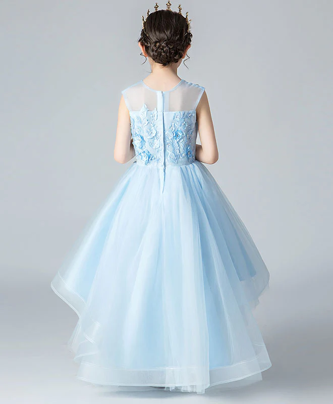 Blue Round Neck Tulle High Low Lace Prom Dress, Flower Girl Dress - Deanwangkt