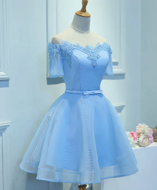 Blue A-Line Tulle Short Sleeve Lace Short Prom Dress, Blue Cute Homecoming Dress - Deanwangkt