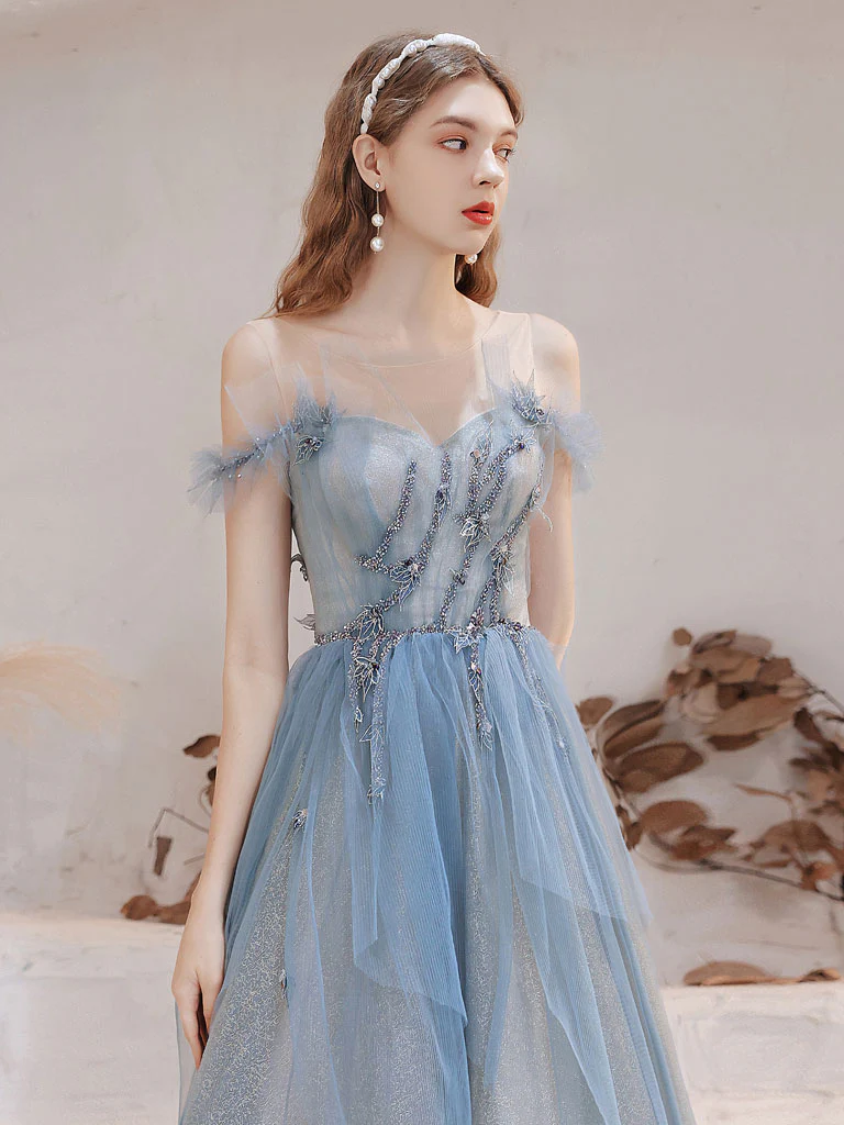 Blue Tulle Off Shoulder Beads Long Prom Dress, Blue Tulle Formal Dress - Deanwangkt