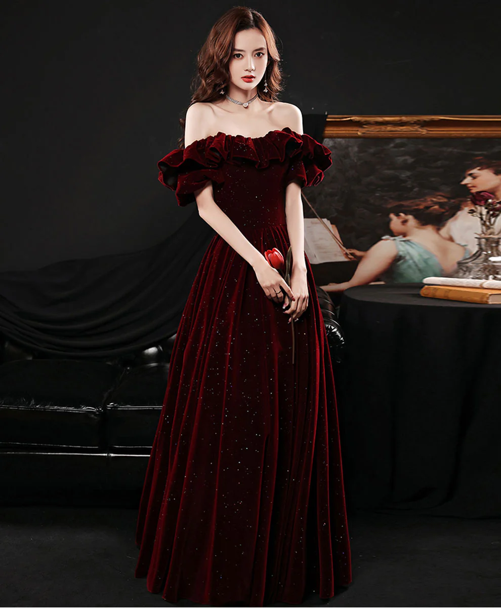 Simple Burgundy Velvet Long Prom Dress Burgundy Bridesmaid Dress - Deanwangkt