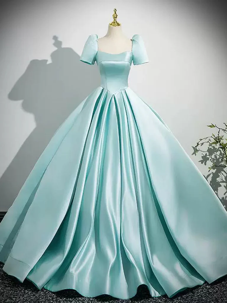 A-Line Puff Sleeves Satin Mint Blue Long Prom Dress, Mint Blue Long Formal Dress - Deanwangkt