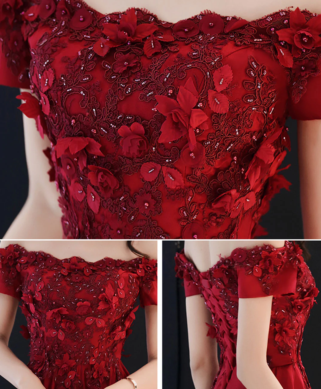A-Line Burgundy Tulle Lace Long Prom Dress, Burgundy Tulle Bridesmaid Dress - Deanwangkt