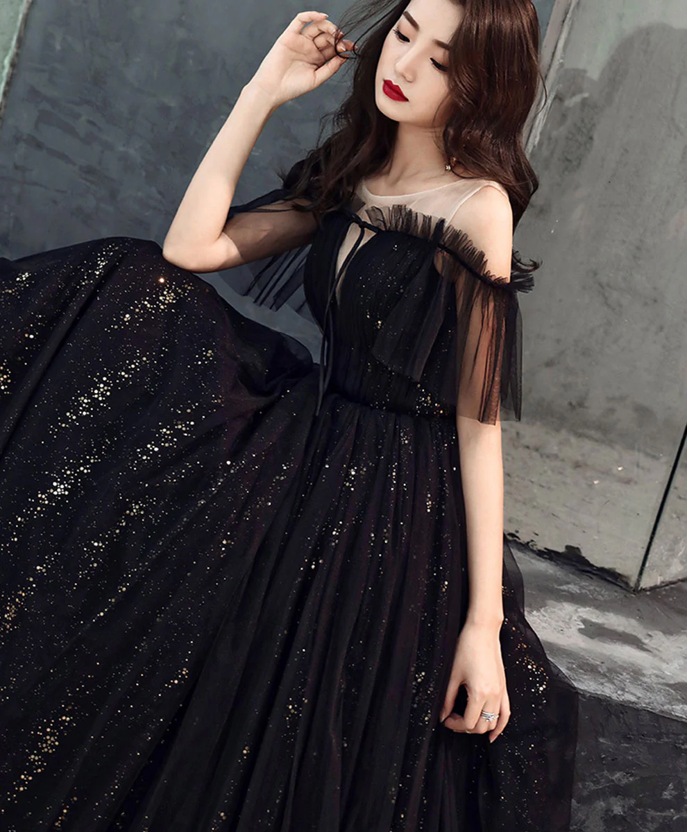 Black Tulle Off Shoulder Long Prom Dress Black Formal Dress - Deanwangkt