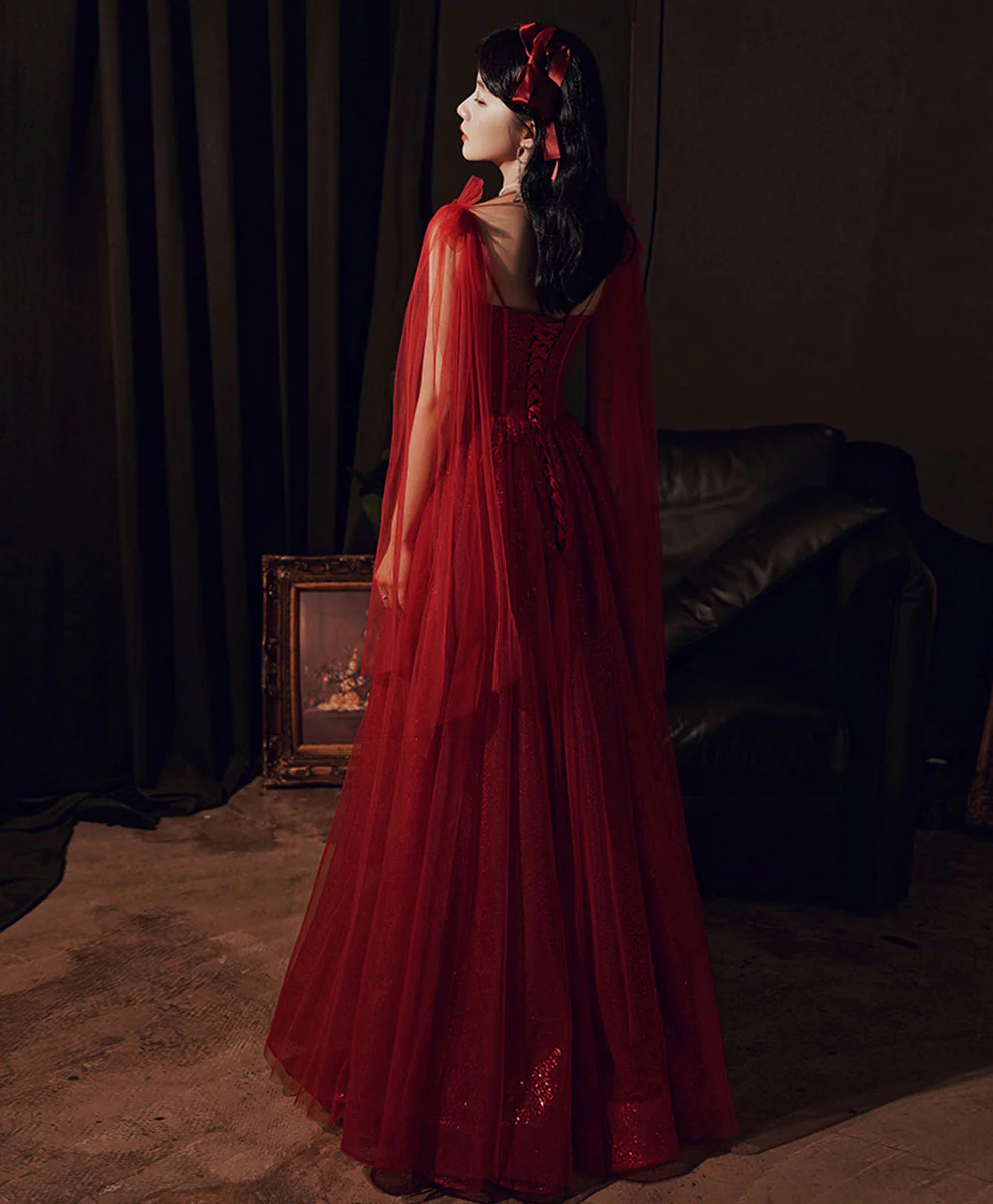 Burgundy Tulle Long Prom Dress, Burgundy Sequin Formal Dress - Deanwangkt