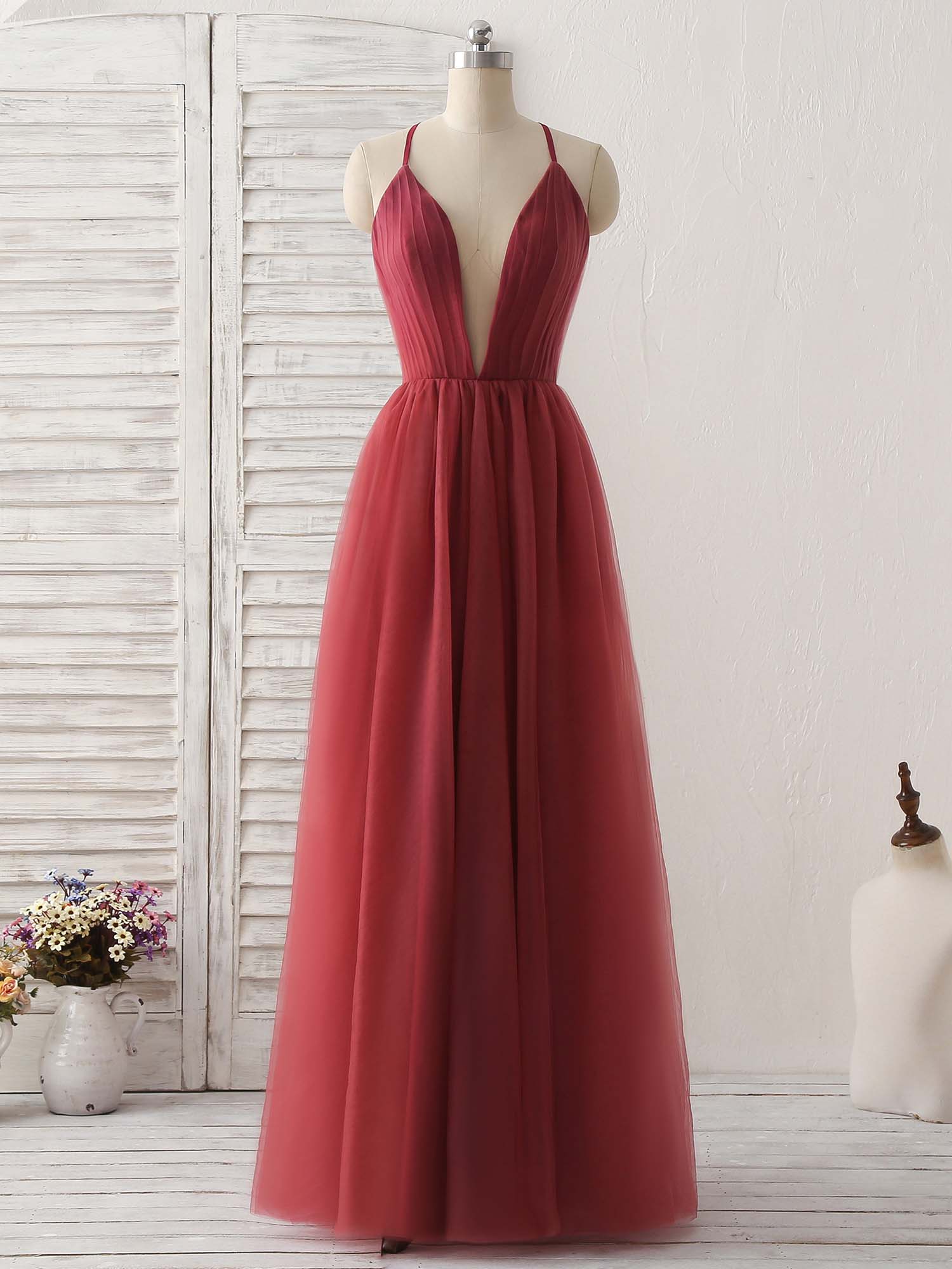 Burgundy V Neck Tulle Long Prom Dress, Burgundy Evening Dress - Deanwangkt