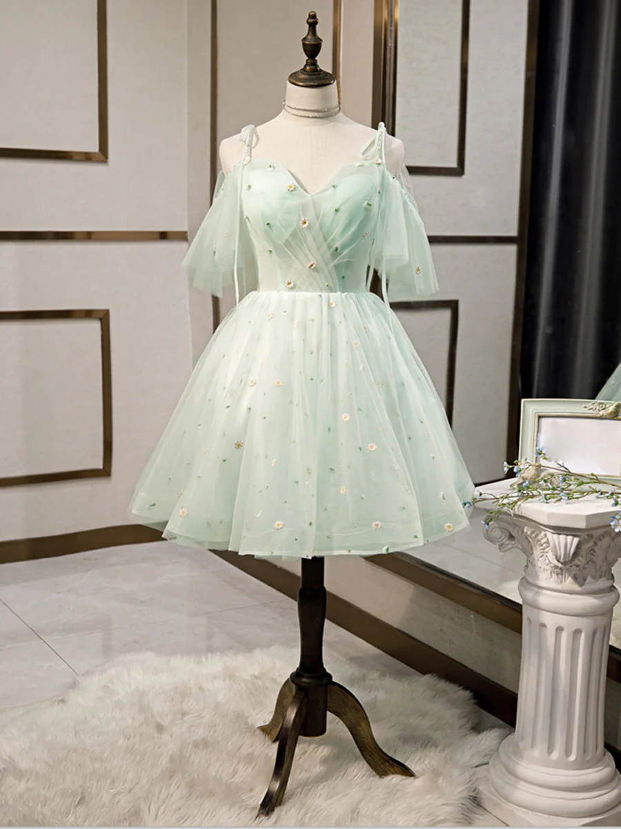 Simple Sweetheart Neck Tulle Short Prom Dresses, Puffy Green Homecoming Dresses - Deanwangkt
